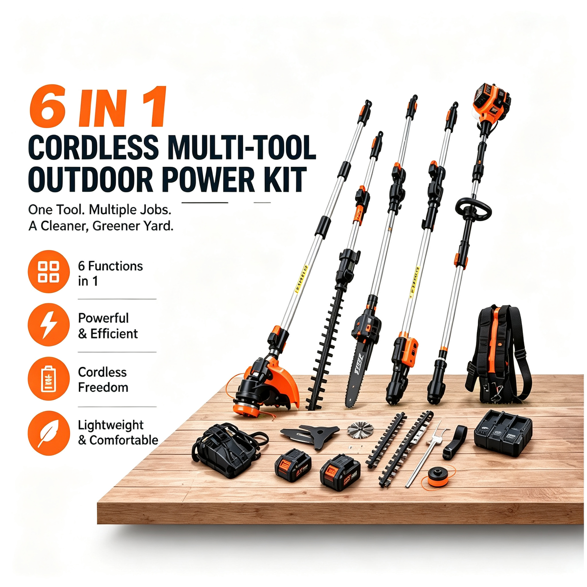 52CC 6-in-1 Gas Multi-Tool Kit with Hedge Trimmer, Brush Cutter, String Trimmer, Edger & Pole Saw