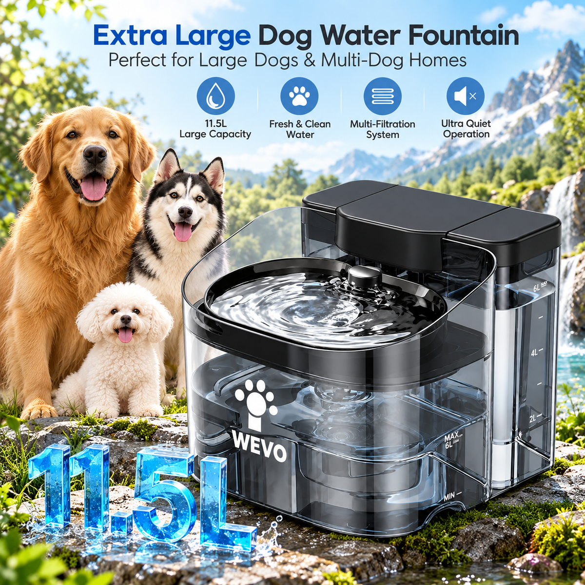 11.5L Large Dog Water Fountain with Automatic Flow & Filtration